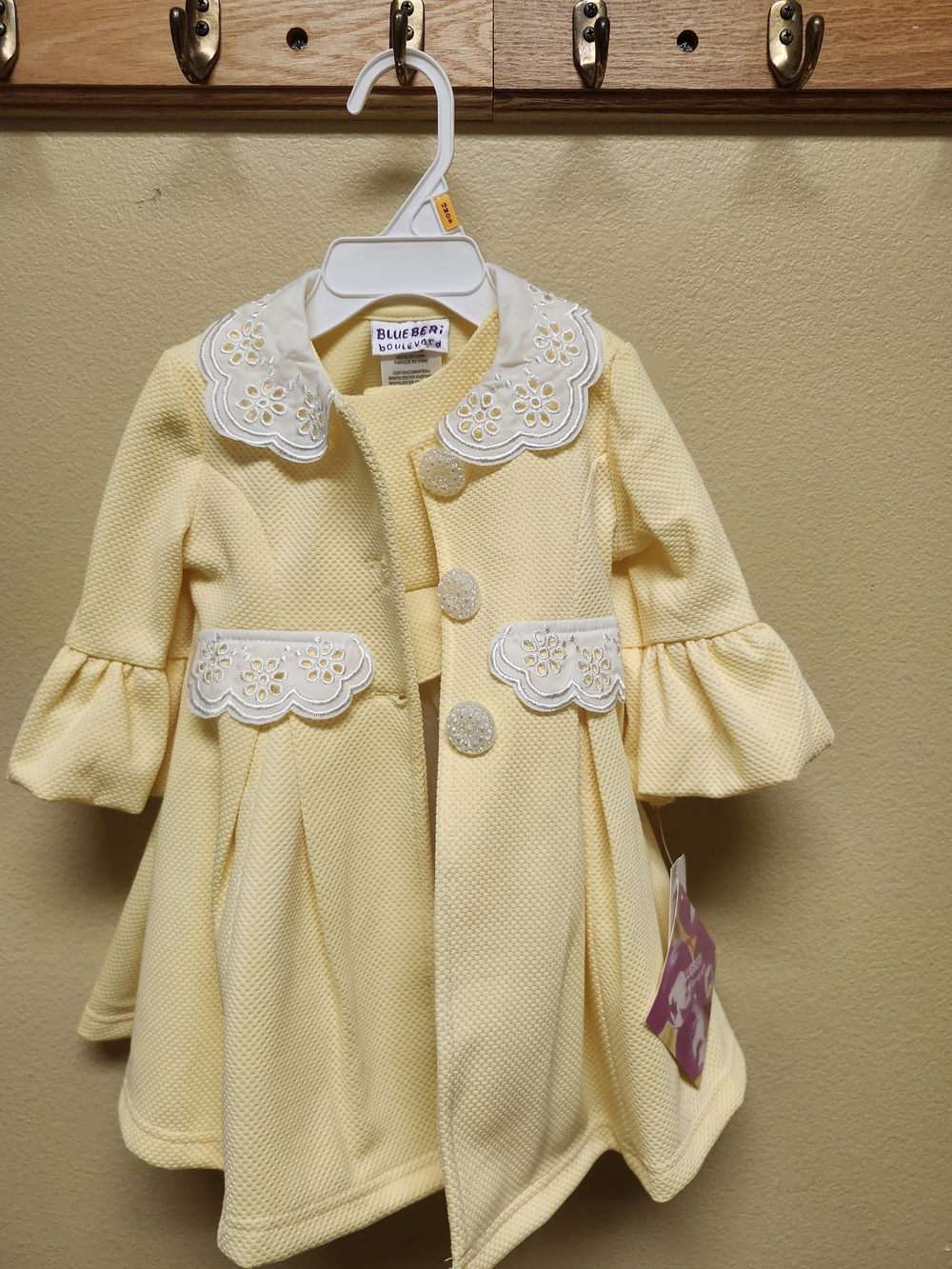 Blueberi Boulevard Pale Yellow Embroidered Collar Baby Coat